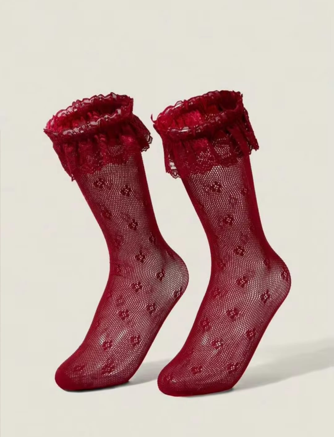 Women’s Red Sheer Lace Mesh Socks with Floral Pattern & Ruffled Cuff